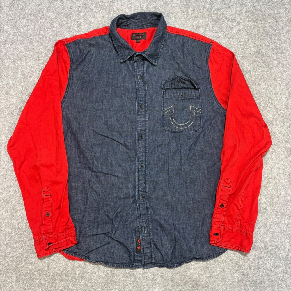 True Religion Manchester United Denim Colorblock Button Down Shirt Mens 2XL Red